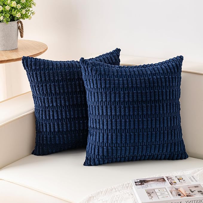 Pack of 2 Corduroy Decorative Throw Pillow Covers 20x20 InchSoft Boho Striped Pillow Covers Modern Farmhouse Home Decor for Sofa Living Room Couch Bed（Blue）