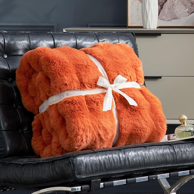 Cozy Bliss Faux Fur Throw Blanket for Couch, Fuzzy Soft Plush Thick Bubble Blanket for Sofa Bedroom Living Room, 60 * 80 Inches Burnt Orange