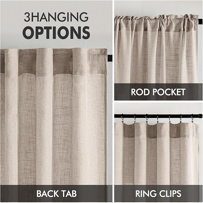 MIULEE Natural Linen Curtains 45 Inch Length 2 Panels for Bedroom Living Room, Soft Linen Textured Window Drapes Semi Sheer Light Filtering Back Tab Rod Pocket Farmhouse Modern Burlap Look Decor