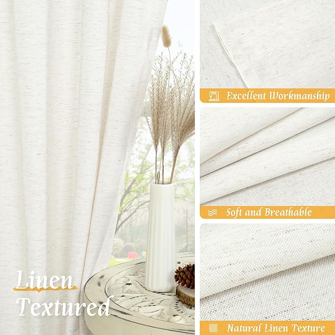 LAMIT Natural Linen Curtains 72 inch Length for Bedroom, Faux Linen Textured Light Filtering Drapes Rod Pocket Boho Window Treatment Panels for Farmhouse/Living Room, 2 Panels, 52 x 72 Inch