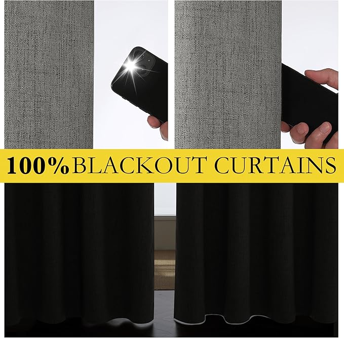 NICETOWN Grizzle Gray Vintage Linen 100% Blackout Curtains for Playroom, Thermal Insulated Curtains 72" Long, Noise Reducing Window Treatment Drapes for Laundry Room, 62" Wide Per Panel, Set of 2