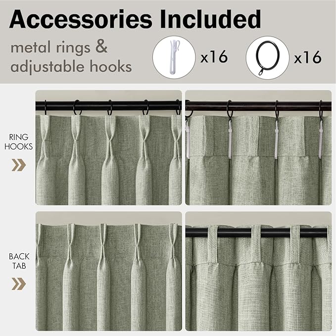 MIULEE Pinch Pleated Thick Linen Curtains 90 Inches Long 2 Panels for Living Room Bedroom, Linen Textured Memory Trained Pleat Drapes Back Tab Light Filtering Sage Green Window Curtains with Hooks