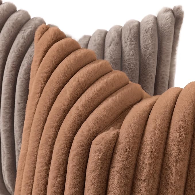 decorUhome Cozy Faux Fur Throw Pillow Covers 22x22 Set of 2 Decorative Soft Plush Striped Modern Farmhouse Boho Couch Euro Sham Pillow Cases with Velvet Back for Sofa Bed Living Roomr, Brown