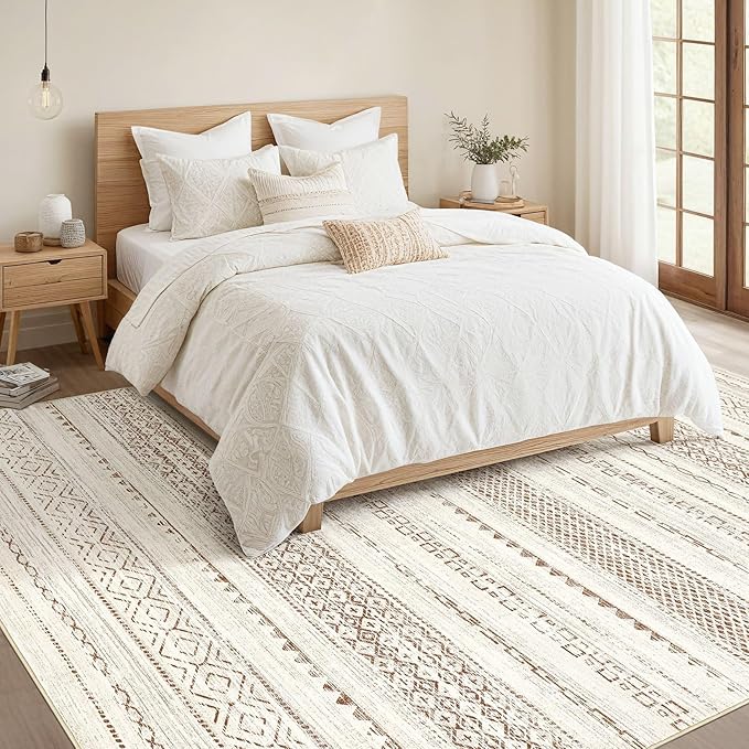 Nakagishi Area Rugs 8x10 Living Room: Washable Boho Large Neutral Soft Farmhouse Rug Stain Resistant Modern Geometric Non-Slip Indoor Floor Carpet for Bedroom Nursery Kids Playroom Office- Brown