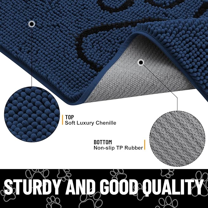 Smiry Dog Door Mat for Muddy Paws, Absorbent Dirt Trapper Non Slip Quick Dry Washable Chenille Mat for Mud Dogs, Entry Rug for Indoor and Outdoor (36x24 Inches, Dark Blue and Black)