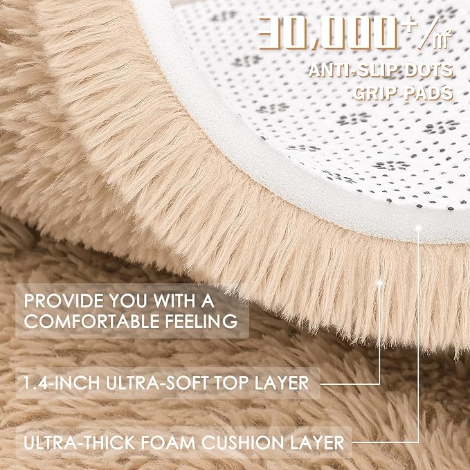 OLANLY Beige Round Rugs for Bedroom - Machine Washable, 2 ft Circle Area Rugs for Living Room, Soft and Fluffy Shaggy Carpet for Teen Girls and Boys, Nursery Rooms, Dorms, Home Decor Aesthetic