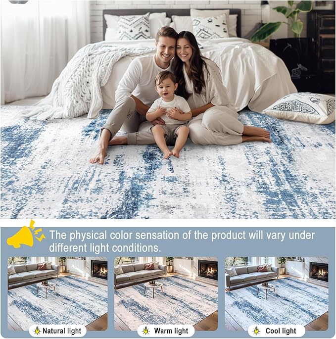 8x10 Area Rugs for Living Room - Washable Rug Modern Abstract Soft Large Neutral Non-Slip Carpet Indoor Floor Thin Carpets for Bedroom Dining Room Farmhouse Nursery Home Office White Blue Grey