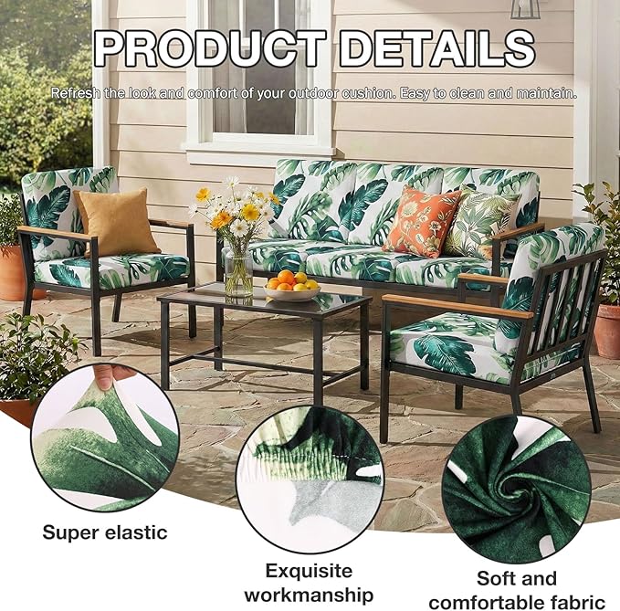 hyha 8Pcs Patio Cushion Covers, Stretch Outdoor Couch Cushion Covers, Washable Outdoor Chair/Sofa Slipcovers for Patio Furniture Cushions Protector with Elastic Bottom(Monstera Deliciosa,Cover Only)
