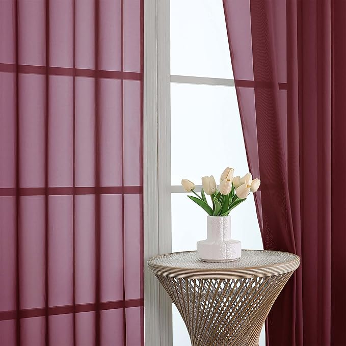OWENIE Sheer Curtains 84 Inches Long 2 Panels Set, Burgundy Sheer Curtain for Living Room Bedroom, Modern Filmy Rod Pocket Curtains Drapes, 2 Pcs, Each 59 W x 84L, Burgundy