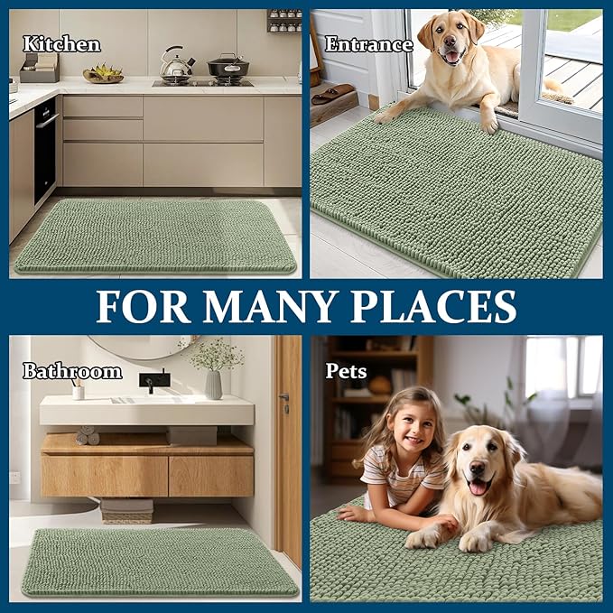 OLANLY Dog Door Mat for Muddy Paws 59x35, Absorbs Moisture and Dirt, Absorbent Non-Slip Washable Doormat, Quick Dry Chenille Mud Mat for Dogs, Entry Indoor Entryway Carpet for Inside Floor, Sage Green