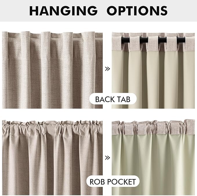 MIULEE 100% Blackout Linen Curtains for Bedroom, Khaki Solid Luxury Decor Thermal Insulation Room Darkening Drapes for Living Room Nursery Back Tab Rod Pocket 42 x 84 Inches, 2 Panels