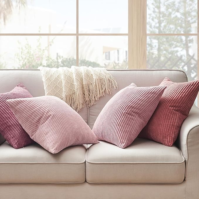 Topfinel Pink Throw Pillow Covers 12x12 Inch Set of 4,Soft Farmhouse Corduroy Decorative Cushion Cover,Square Cute Pillow Case for Gril's Bedroom Couch Sofa Living Room,Spring Series Home Decor