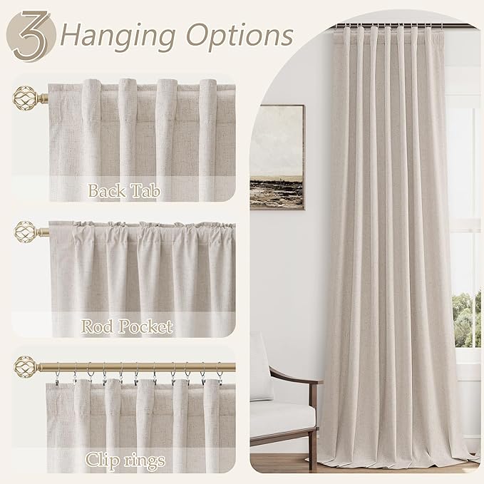 Guken 100% Blackout Curtains 96 Inch Length 2 Panels Set for Living Room Bedroom Back Tab Thermal Insulated Black Out Linen Drapes Room Darkening Window Curtains 96 Inches Long,Sand Beige