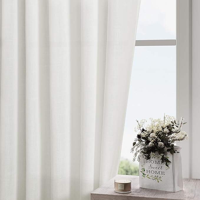 Off White Linen Curtains 63 inches Long for Bedroom Back Tab Sheer White Curtains Narrow Mini Skinny Door Decor Cotton Textured Gauze Curtain for Bathroom Kitchen 2 Panel Set 38x63
