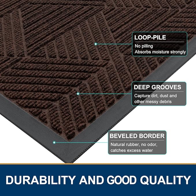 Smiry Front Door Mat Outside Entrance, Heavy Duty Sturdy Natural Rubber Doormat, Trap Dirt and Moisture, Easy Clean Low Profile Mats for Indoor Outdoor Entry, Irregular Triangle (47x30, Dark Brown)