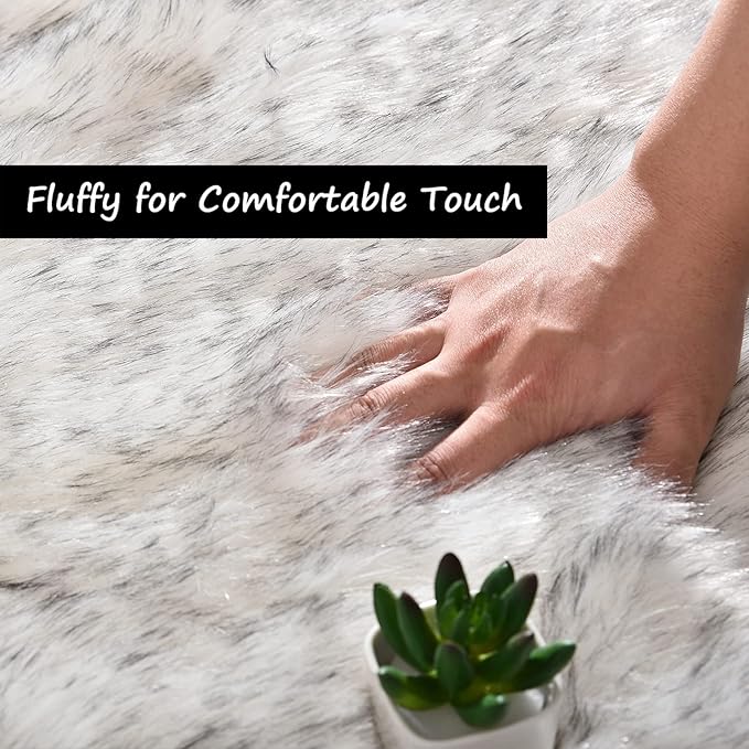 Goolela Round Sheepskin Rug 5ft Fluffy Circle Fuzzy Faux Fur Rug for Bedroom Living Room Plush Soft Washable - White with Grey Tips