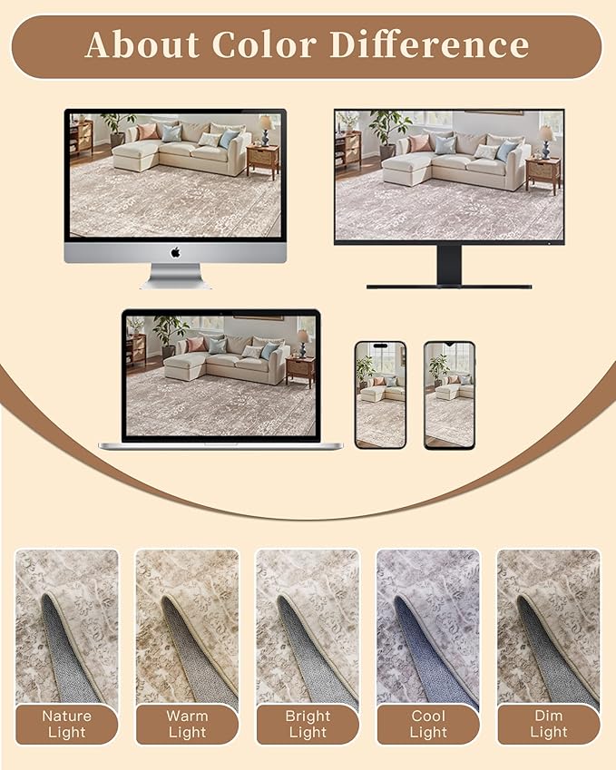 Madane Living Room 10x14 Area Rugs, Washable Low Pile Non-Slip Stain Resistant Extra Large Thin Rug, Vintage Soft Throw Carpet for Dining Room Bedroom Farmhouse Home Office Decor (10 x 14, Brown/Sand)