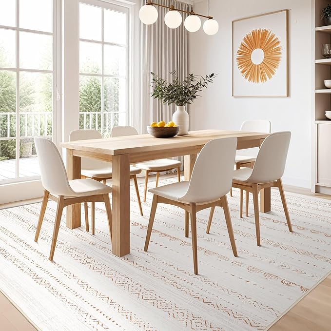 Nakagishi Area Rug Living Room Rugs: 6x10 Large Soft Machine Washable Boho Moroccan FarmNeutral Stain Resistant Indoor Floor Carpet for Bedroom Under Dining Table Home Office Decor-Cream Brown