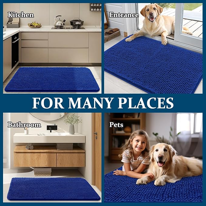 OLANLY Dog Door Mat for Muddy Paws 50x30, Absorbs Moisture and Dirt, Absorbent Non-Slip Washable Doormat, Quick Dry Chenille Mud Mat, Entry Indoor Entryway Carpet for Inside Floor, Royal Blue