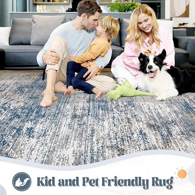 8x10 Area Rugs for Living Room, Washable Modern Abstract Large Area Rug Neutral Soft Non Slip Kids Rug Stain Resistant Indoor Carpet for Bedroom Nursery Dining Room Playroom(BlueWhite, 8'x10')