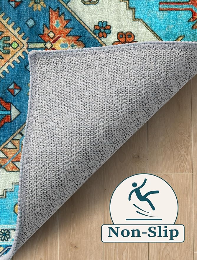 SERISSA Runner Rug for Hallways, 2'6"x14' Washable Non Slip Kitchen Runner Rug, Extra Long Boho Rug Ultra Soft Vintage Blue Print Floor Carpet for Bedroom Hallway Entryway Bathroom Laundry Room