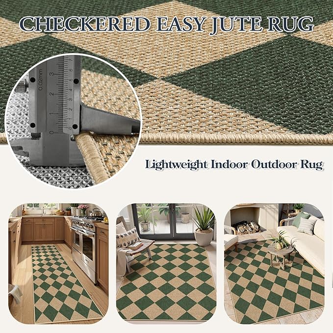Lahome Colette Checkered Kitchen Runner, 2x8 Easy Jute Runner Rug for Hallway Entryway, Farmhouse Indoor Outdoor Non Slip Non Shedding Green Carpet for Laundry Bedroom Porch Corridor