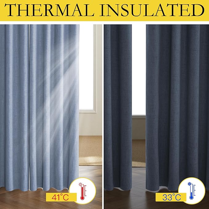 NICETOWN Stone Blue Vintage Linen 100% Blackout Curtains for Living Room, Thermal Insulated Curtains 90" Long, Noise Reducing Window Treatment Drapes for Home Cinema, 52" Wide Per Panel, Set of 2