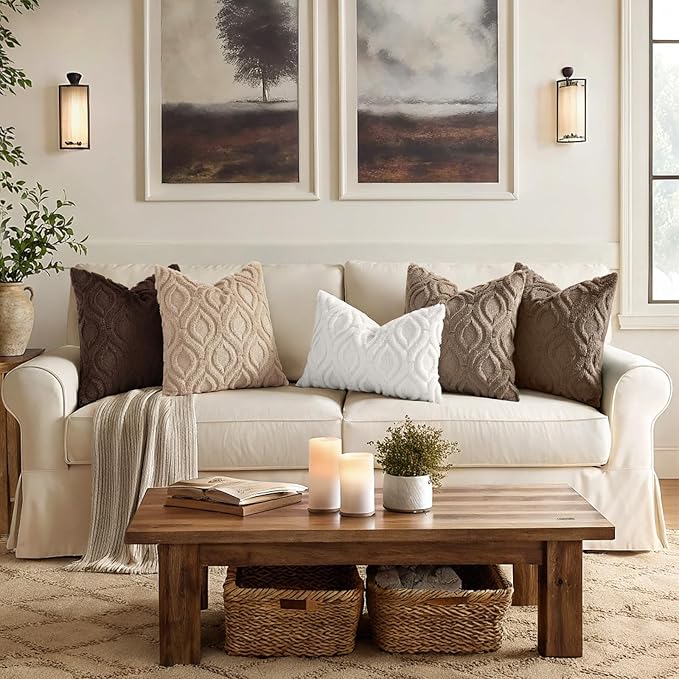 decorUhome Throw Pillow Covers 12x20 Inch Set of 2, Soft Plush Faux Wool Brown Solid Couch Pillow Covers, Accent Farmhouse Neutral Rectangle Pillow Cases for Sofa Bed Living Room