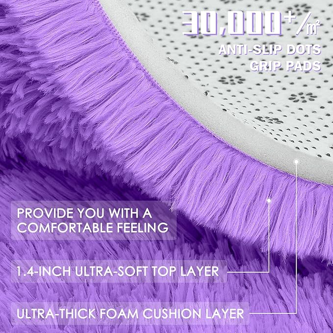 OLANLY Purple Round Rugs for Bedroom - Machine Washable, 4 ft Circle Area Rugs for Living Room, Soft and Fluffy Shaggy Carpet for Teen Girls and Boys, Nursery Rooms, Dorms, Home Decor Aesthetic