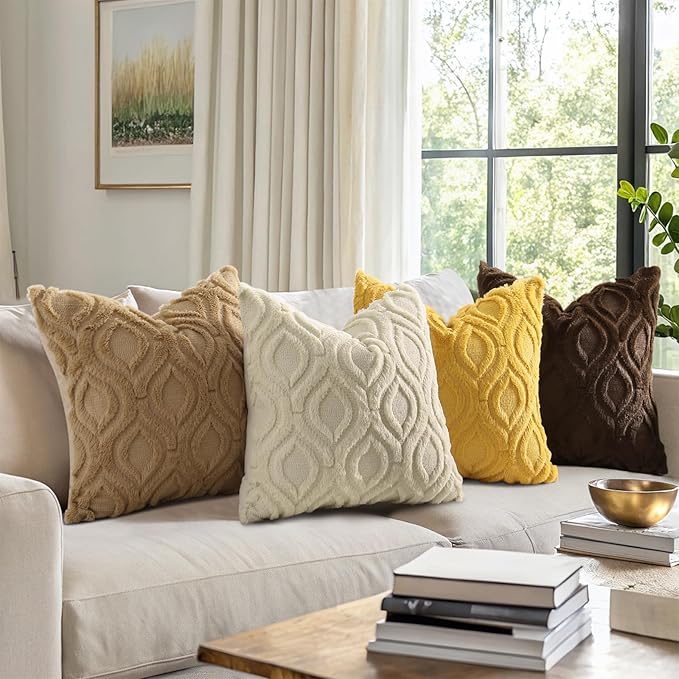 decorUhome Throw Pillow Covers 18x18 Inch Set of 2, Soft Plush Faux Wool Khaki Solid Couch Pillow Covers, Accent Farmhouse Neutral Square Pillow Cases for Sofa Bed Living Room
