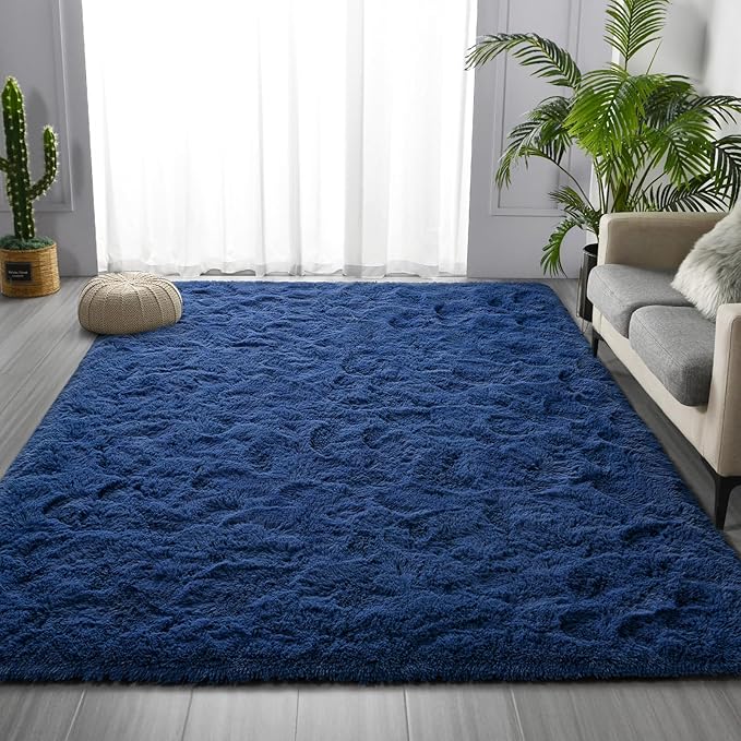 Deerhoo Large Shag Area Rugs 8 x 10, Plush Fuzzy Rugs for Living Room, Ultra Soft Fluffy Furry Rug for Bedroom, Indoor Carpet Nursery Rugs for Kids Room Home Decor,Navy Blue