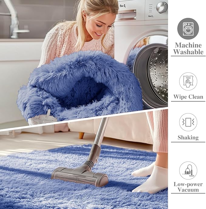 OLANLY 3x5 Machine Washable Small Bedside Rug, Soft Fluffy Shaggy Rugs for Living Room, Bedroom, Indoor Floor Carpet for Kids Girls and Boys, Preppy Dorms, Nursery, Home Decor Aesthetic, Denim Blue