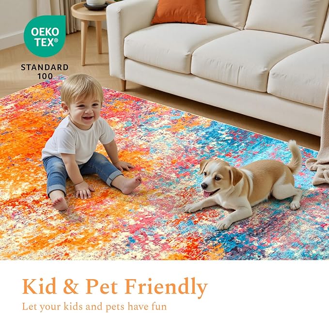 Rugflix 5x7 Area Rugs for Living Room, Washable Large Multicolor Rug Stain-Resistant Low Pile, Modern Carpet for Dining Room Home Office Kid Room Nursery Bedroom, Colorful Rainbow