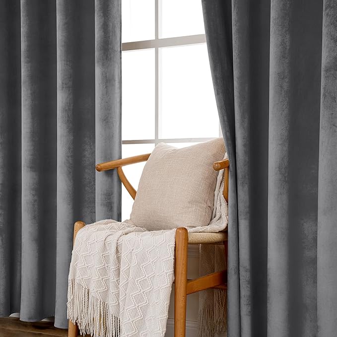 MIULEE 2 Panels Blackout Velvet Curtains Solid Soft Grommet Grey Curtains Thermal Insulated Soundproof Room Darkening Curtains/Drapes/Panels for Living Room Bedroom 52 x 84 Inch