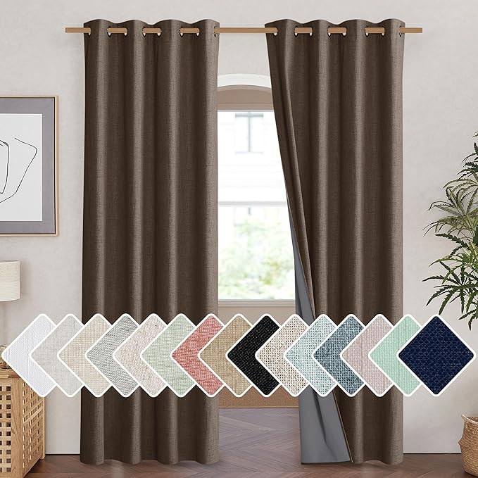 NICETOWN Coffee Vintage Linen 100% Blackout Curtains for Living Room, Thermal Insulated Curtains 84“ Long, Noise Reducing Window Treatment Drapes for Hall Room, 52" Wide Per Panel, Set of 2