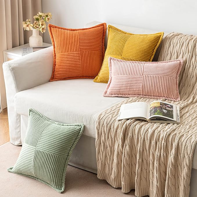 MIULEE Decorative Throw Pillow Covers for Couch Bed Livingroom 16x16 Inch Set of 2 Fall Mustard Yellow Boho Accent Throw Pllows Broadside Striped Patchwork Soft Corduroy Pillowcases