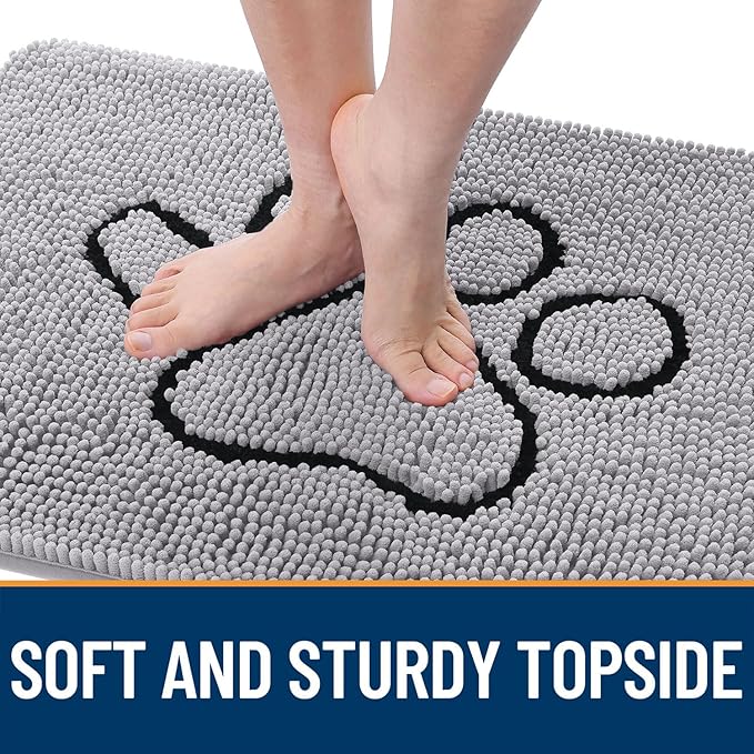 OLANLY Dog Door Mat for Muddy Paws 48x30, Paw Print Design, Absorbs Moisture and Dirt, Non-Slip Washable Doormat, Quick Dry Chenille Mud Mat for Dogs, Entry Indoor Entryway Carpet, Light Grey
