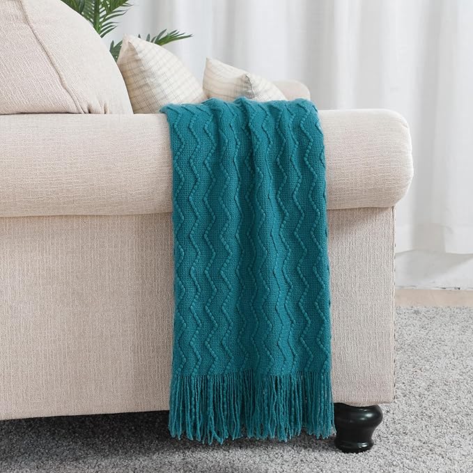 BOURINA Teal Throw Blanket 50 x90 Inches Throw Textured Solid Soft Sofa Throw Bed Runner Couch Cover Knitted Decorative Blanket Bed Runner