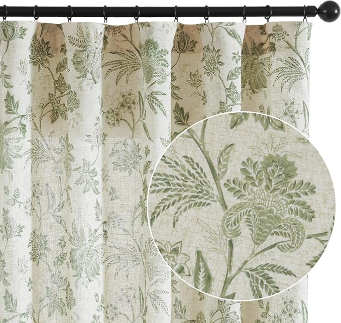 jinchan Linen Floral Curtains for Living Room with Printed Flower 84 Inches Long Light Filtering French Country Back Tab Rod Pocket Sage Green Window Curtain Set Farmhouse Drapes 2 Panels