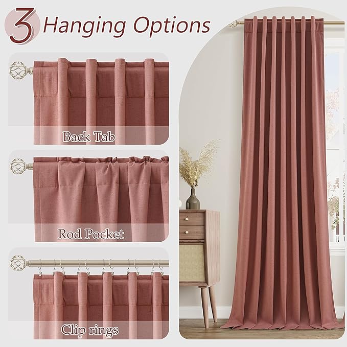 Guken 100% Blackout Curtains 120 Inch Length 2 Panels Set for Girls Bedroom Back Tab Thermal Insulated Black Out Linen Drapes Room Darkening Window Curtains 120 Inches Long,Dusty Rose