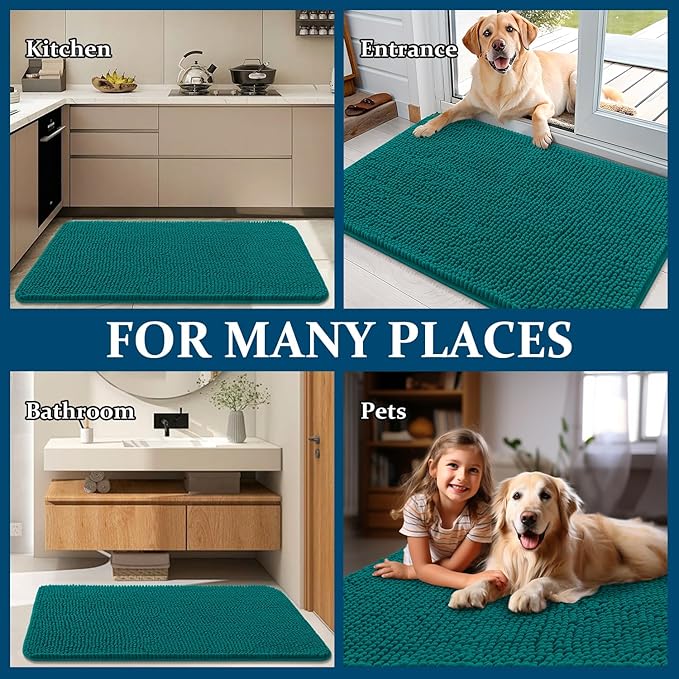 OLANLY Dog Door Mat for Muddy Paws 59x24, Absorbs Moisture and Dirt, Absorbent Non-Slip Washable Doormat, Quick Dry Chenille Mud Mat for Dogs, Entry Indoor Entryway Carpet for Inside Floor, Lake Blue