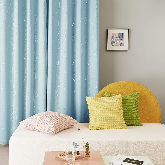 Deconovo Blackout Curtains, Thermal Insulated Soundproof Grommet Drapes, Wave Dot Foil Print, 52 x 95 Inch, Set of 2, Machine Washable Window Panel for Bedroom Living Room Nursery Kitchen, Light Blue