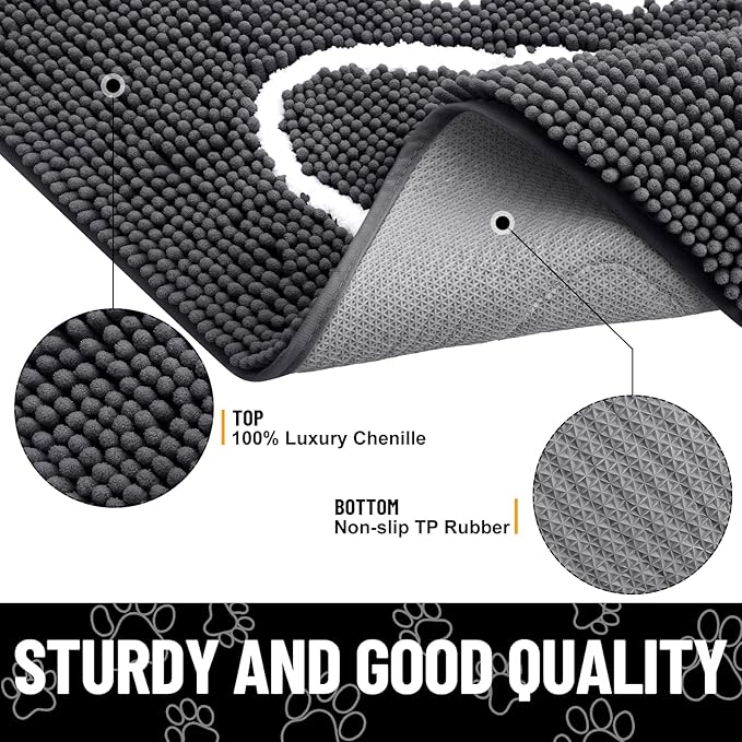 Smiry Dog Door Mat for Muddy Paws, Absorbent Dirt Trapper Non Slip Quick Dry Washable Chenille Mat for Mud Dogs, Entry Rug for Indoor and Outdoor (47x17 Inches, Dark Grey and White)