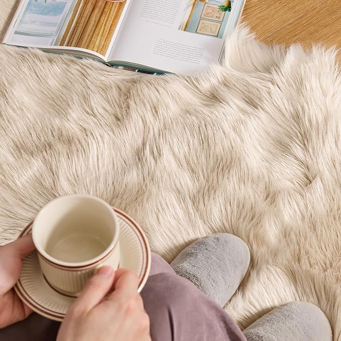 MIULEE Luxury Super Soft Fluffy Area Rug Faux Fur Sheepskin Rug Decorative Plush Shaggy Carpet for Bedside Sofa Floor Nursery 2 x 6 Feet, Beige