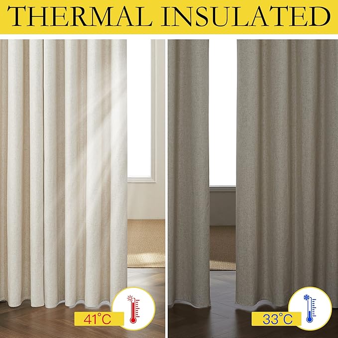 NICETOWN Natural 100% Blackout Linen Curtains 84 inch Long Burg for Living Room, 1 Pair, 62" Width Each Panel, Farmhouse Thick Completely Blackout Window Treatment Thermal Insulated Drapes