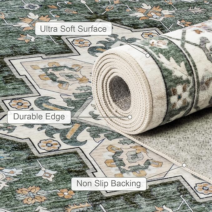 5x7 Area Rugs Living Room Rug: Washable Vintage Boho Medallion Rug No Slip Stain Resistant Soft Carpet Indoor Large Carpets for Bedroom Dining Room Farmhouse Nursery Hallway Home Office Green Ivory
