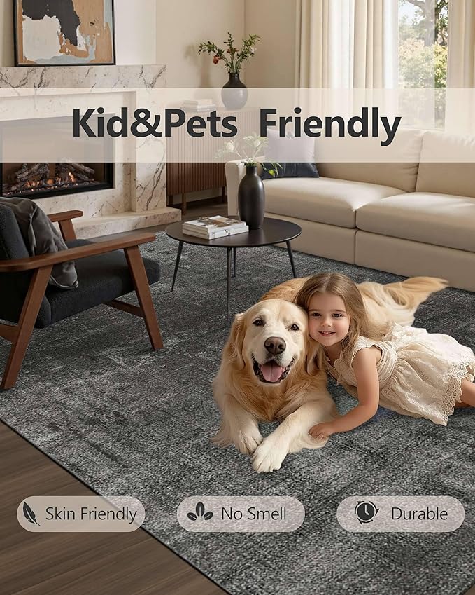 Latte&Fog 6x9 Area Rugs for Living Room Bedroom, Black Modern Abstract Neutral Washable Rug, Boho Non Slip Low Pile Carpet for Dining Room, Dorm,Classroom,College Dorm, Farmhouse and Kids Room - Black