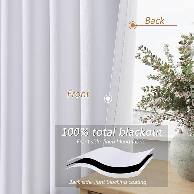 Guken White 100% Blackout Linen Curtains 52 Inch Wide by 140 Inch for Living Room Bedroom Back Tab/Rod Pocket Thermal Insulated Black Out Linen 2 Drapes Room Darkening Window Curtains,52x140