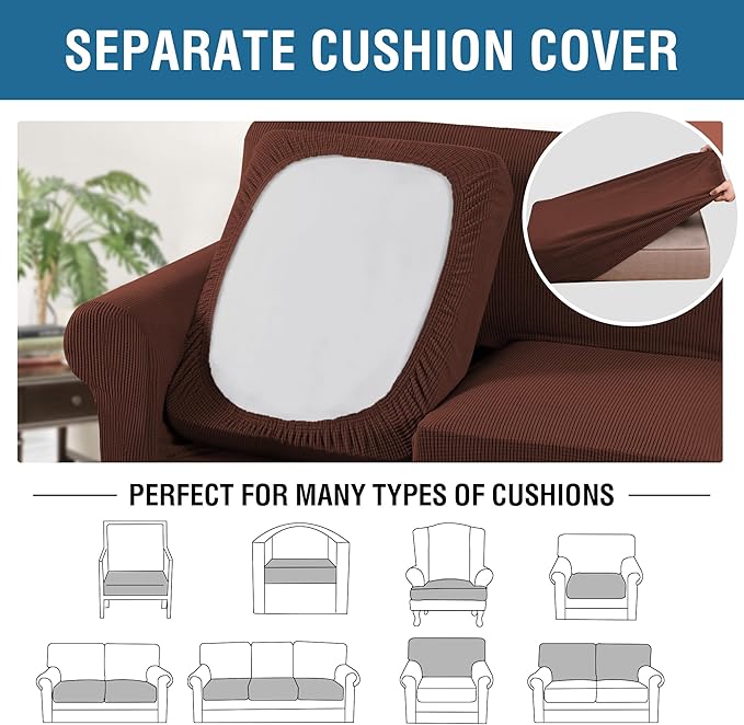 H.VERSAILTEX 4 Piece Stretch Sofa Covers for 3 Cushion Couch Covers for Living Room Furniture Slipcovers (Base Cover Plus 3 Seat Cushion Covers) Upgraded Thicker Jacquard Fabric (Sofa, Burnt Brick)