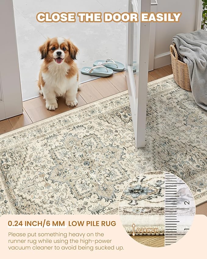 Runner Rug 2x8 Runners for Hallways Non Slip Washable, Vintage Hallway Runner Rugs for Living Room, Low Pile Soft Hallway Rug for Kitchen Bedroom Laundry Room Rug(Brown/Beige,2'x8')
